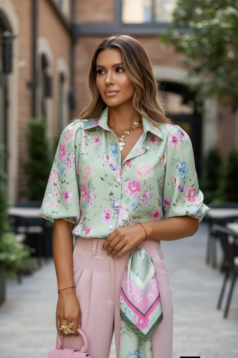 Cămașă Elegantă cu Imprimeu Floral -  Mentă