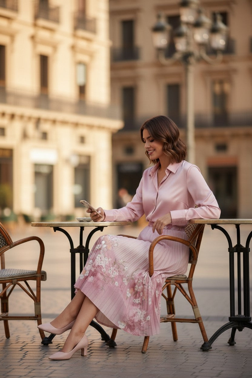 Fustă Plisată cu Imprimeu Floral - Roz Pudră