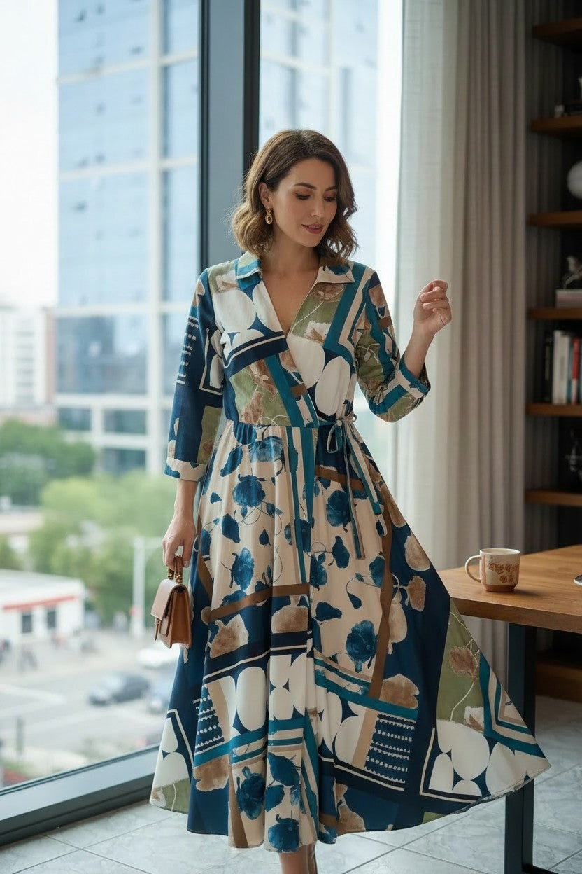 Rochie Maxi Petrecută cu Imprimeu Floral și Geometric - Bluemarin