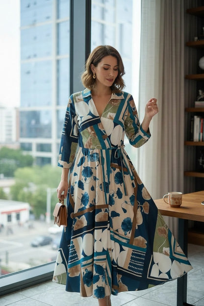 Rochie Maxi Petrecută cu Imprimeu Floral și Geometric - Bluemarin
