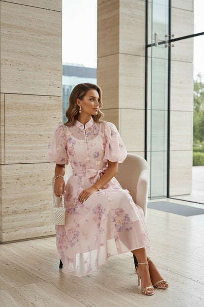 Rochie Lungă  cu Mâneci Bufante & Nasturi Aurii și Imprimeu Floral - Roz Pudră