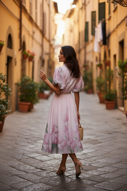Rochie Midi cu Măneci Bufante și Imprimeu Floral - Roz Pudră