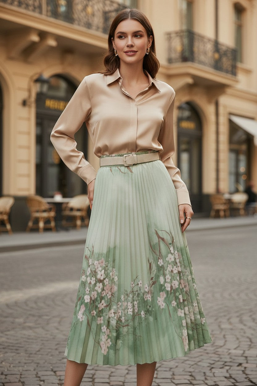 Fustă Plisată cu Imprimeu Floral - Verde