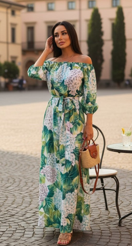 Rochie Lungă Florală cu Umerii Goali