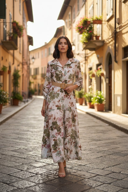 Rochie Maxi Boho cu Imprimeu Floral  și Centură Inclusă - Verde Keky