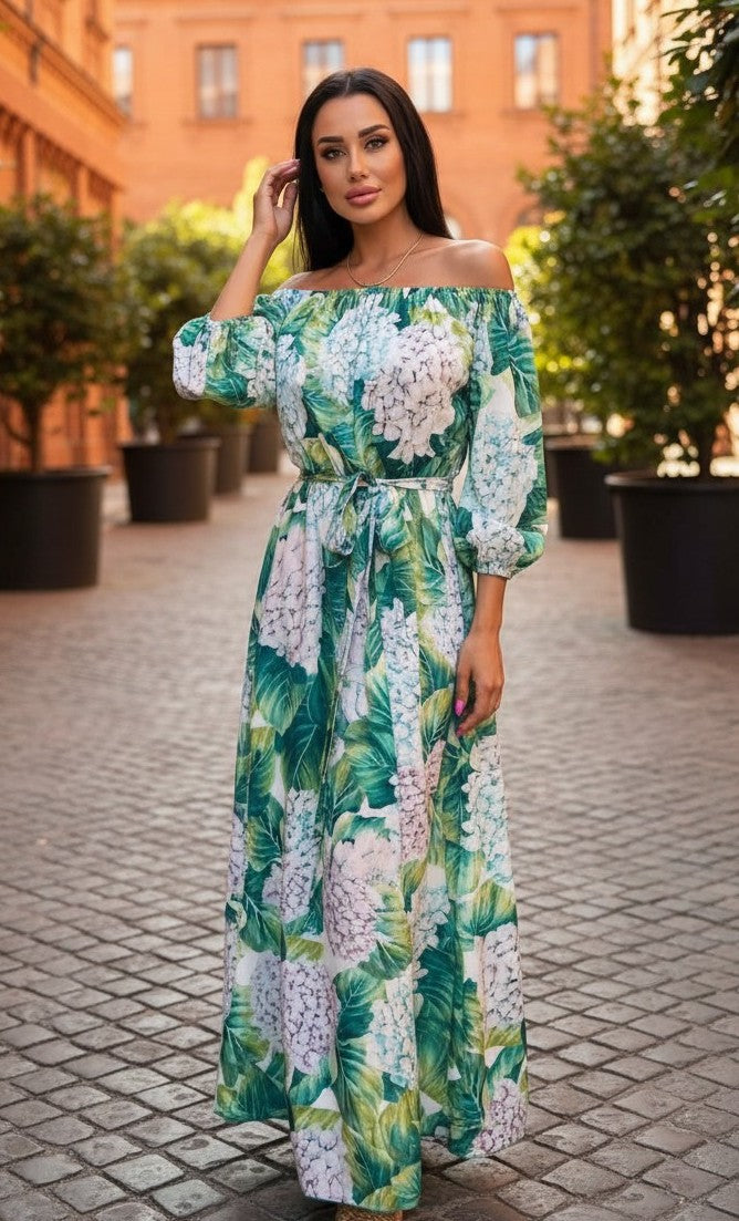 Rochie Lungă Florală cu Umerii Goali
