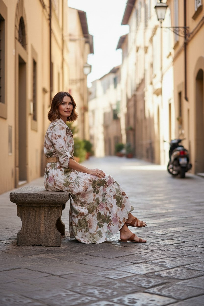 Rochie Maxi Boho cu Imprimeu Floral  și Centură Inclusă - Verde Keky