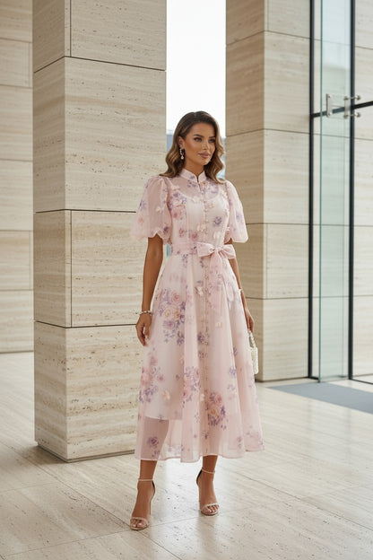 Rochie Lungă  cu Mâneci Bufante & Nasturi Aurii și Imprimeu Floral - Roz Pudră