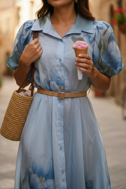 Rochie Midi cu Măneci Bufante și Imprimeu Floral - Babyblue