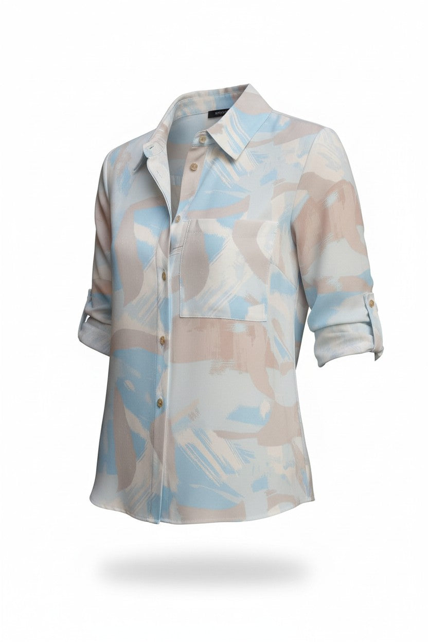 Cămașă Elegantă cu Imprimeu Floral -  Baby Blue & Bej