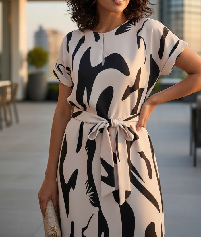 Rochie de Vară cu Imprimeu Abstract și Cordon în Talie - Bej & Negru