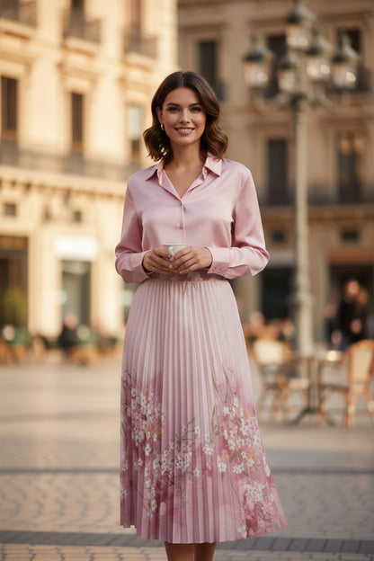 Fustă Plisată cu Imprimeu Floral - Roz Pudră