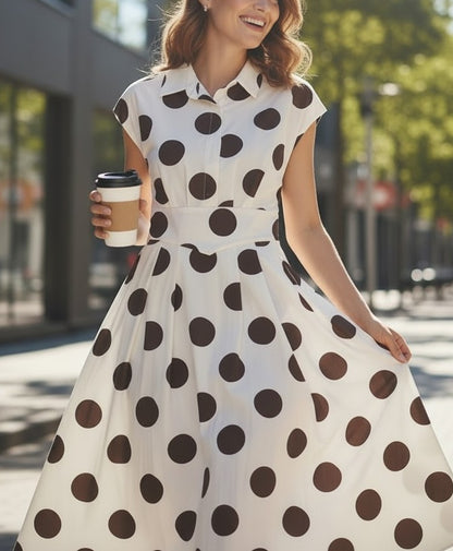 Rochie Midi cu Buline și Guler Cămașă - Bej&Marou