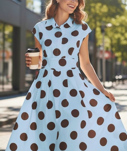 Rochie Midi cu Buline și Guler Cămașă - Babyblue&Marou