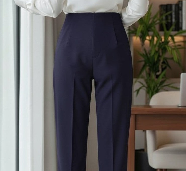 Pantaloni office de damă cu talie înaltă, bleumarin – vedere din spate