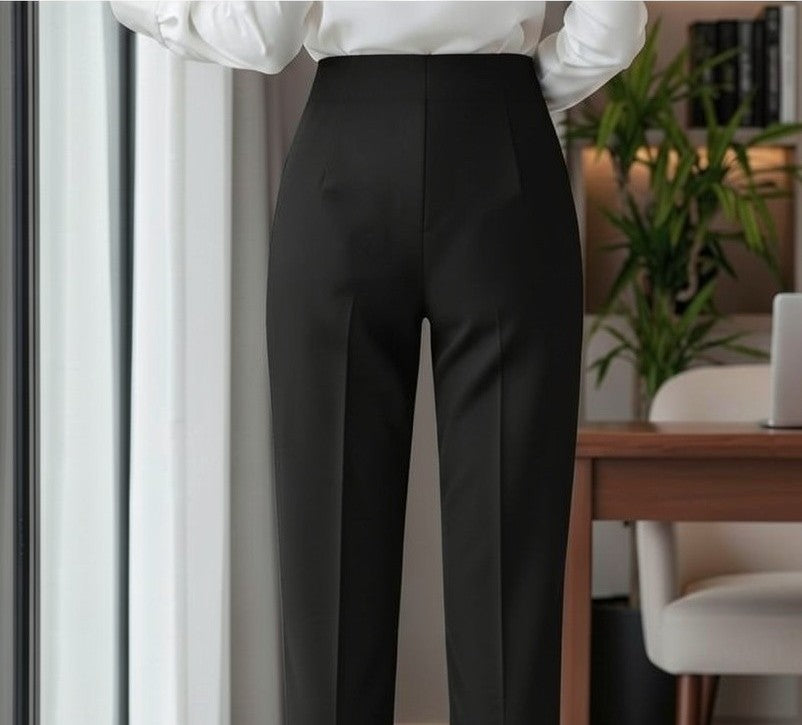 Pantaloni office de damă cu talie înaltă, negri – vedere din spate