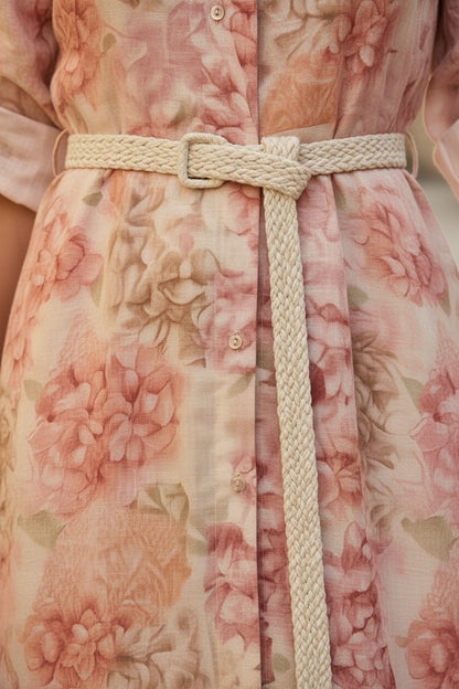 Rochie Maxi Tip Cămașă cu Imprimeu Floral - Roz Pudră