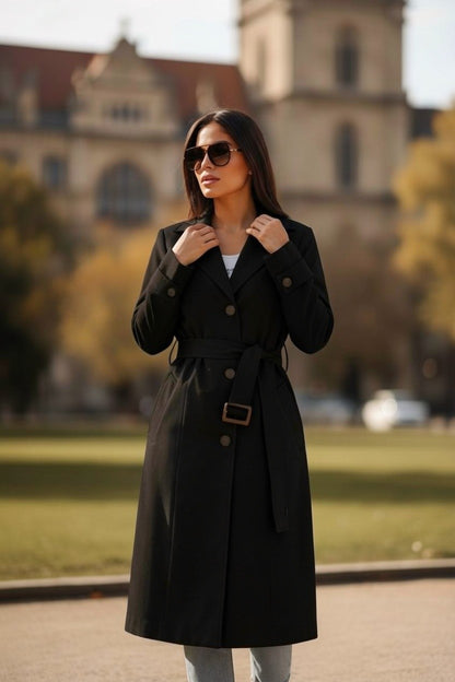 Trenci Elegant cu Cordon - Neagră