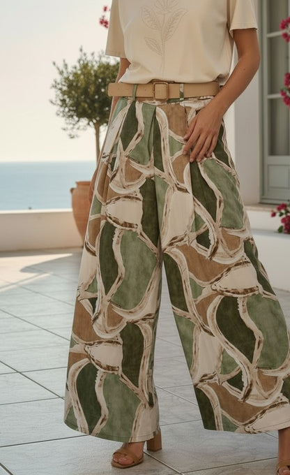 Pantaloni Largi cu Imprimeu Abstract și Curea - Kaky