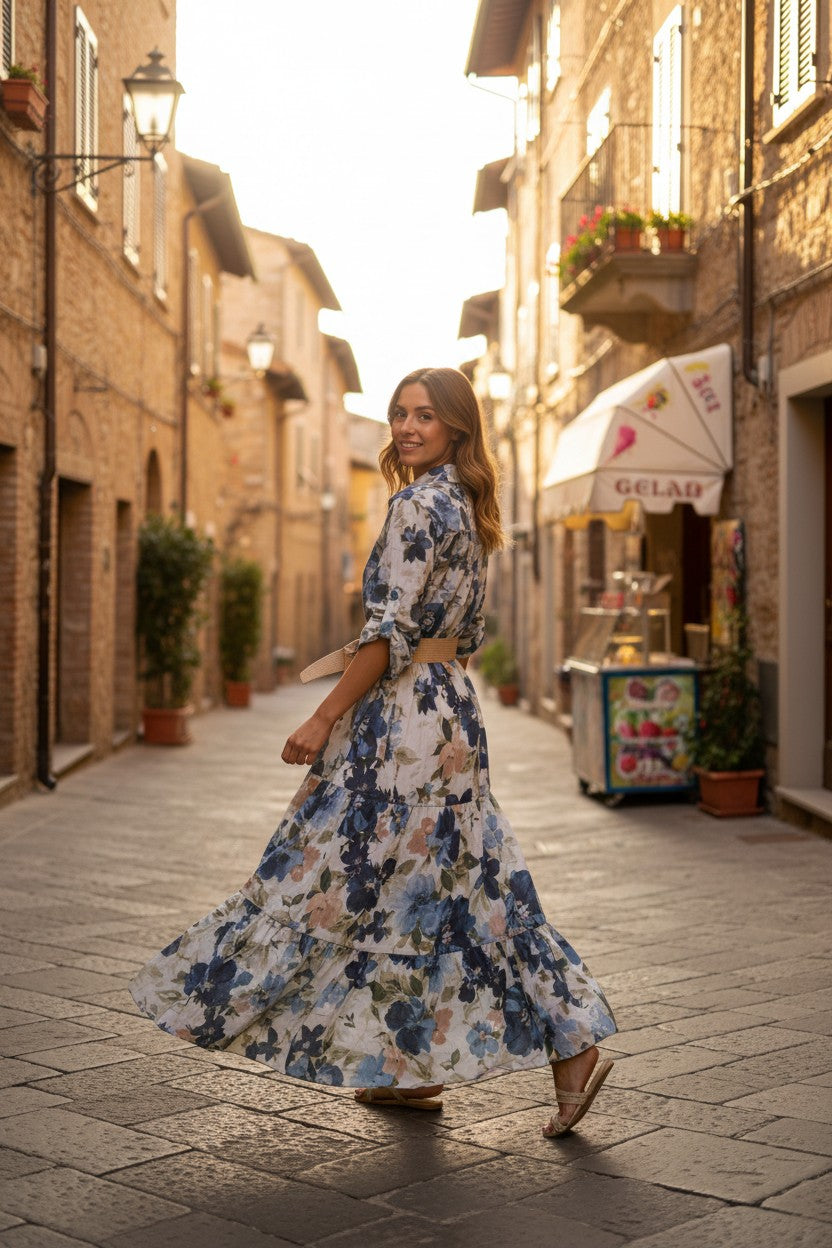 Rochie Maxi Boho cu Imprimeu Floral  și Centură Inclusă - Albastru