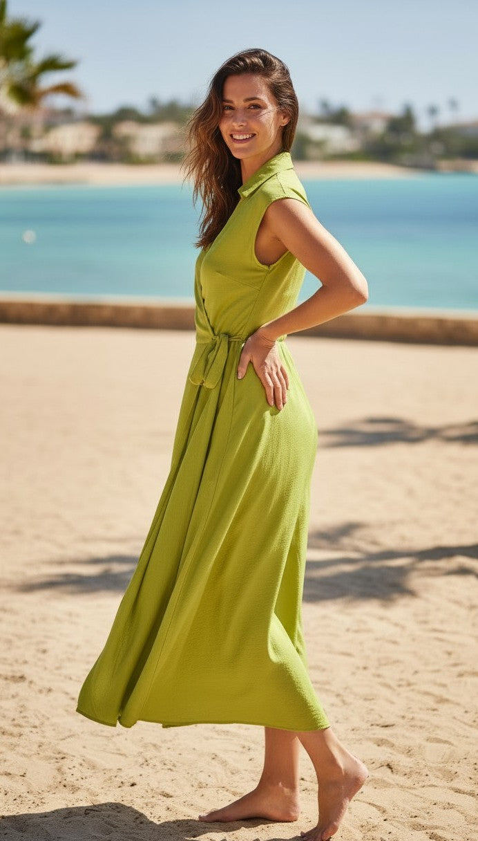 Rochie Midi Elegantă cu Cordon și Guler Lapel – Fistic