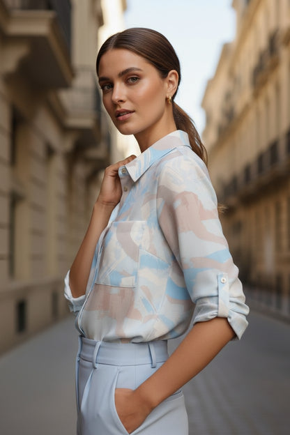 Cămașă Elegantă cu Imprimeu Floral -  Baby Blue & Bej