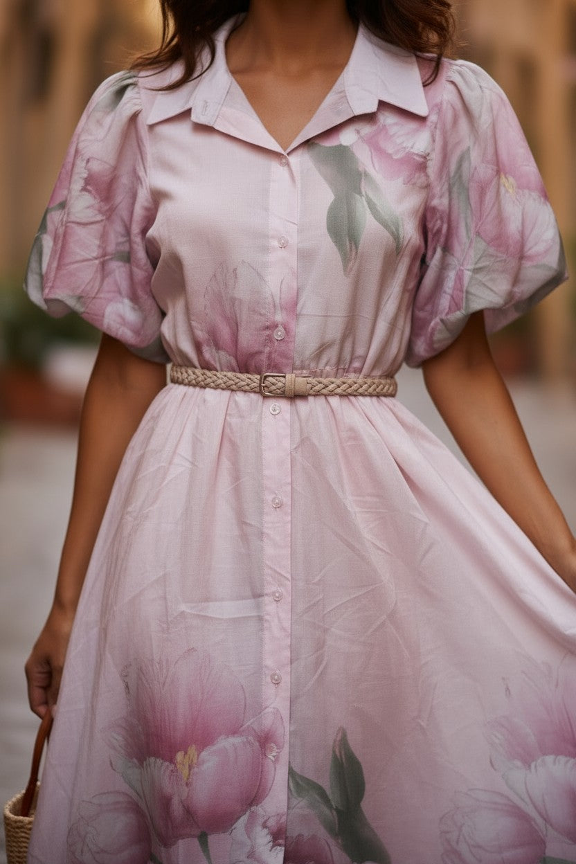 Rochie Midi cu Măneci Bufante și Imprimeu Floral - Roz Pudră