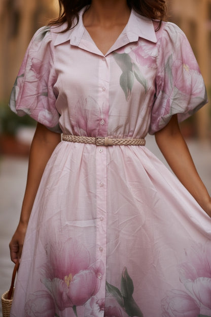Rochie Midi cu Măneci Bufante și Imprimeu Floral - Roz Pudră