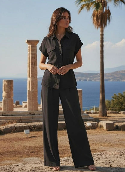 Compleu cu Cămașă și Pantaloni Lejeri tip In - Neagră