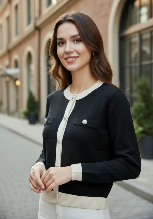 Cardigan tricotat de damă negru cu borduri albe – vedere din lateral