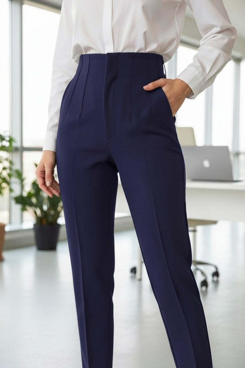 Pantaloni office de damă cu talie înaltă, bleumarin – vedere din lateral, cu mâna în buzunar