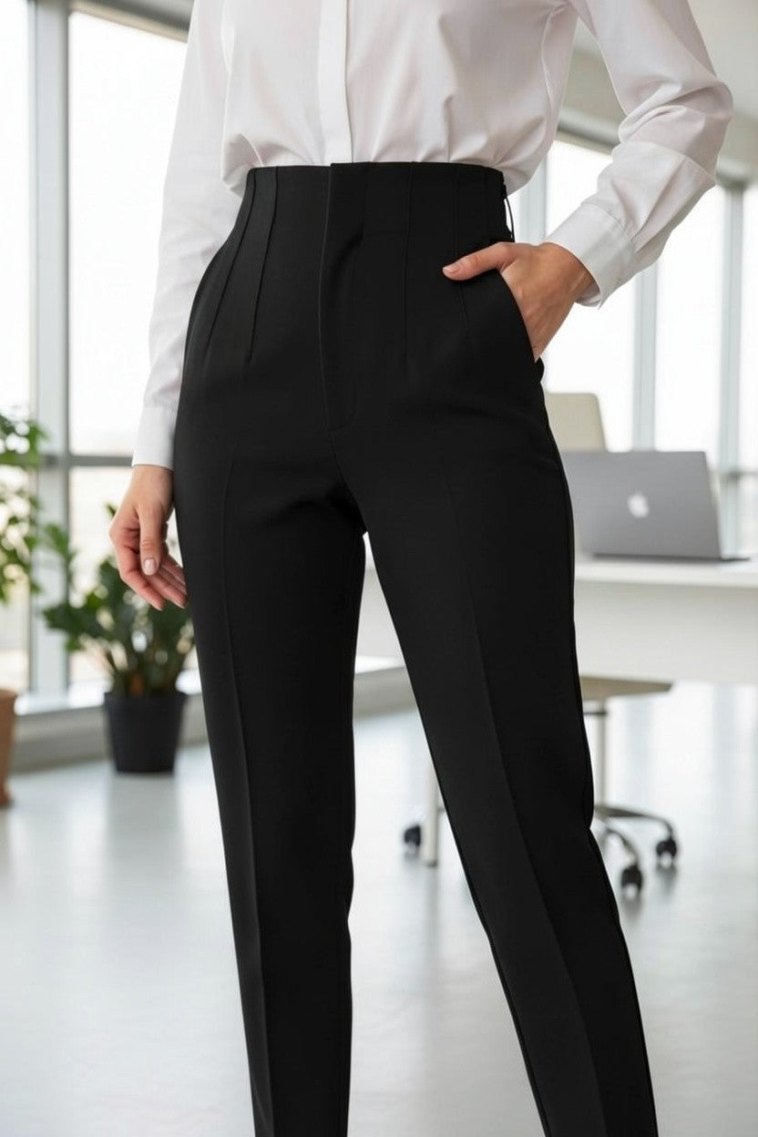 Pantaloni office de damă cu talie înaltă, negri – vedere din lateral, cu mâna în buzunar