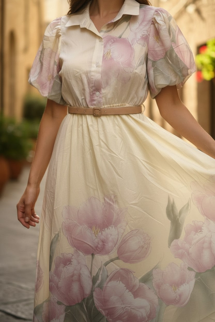 Rochie Midi cu Măneci Bufante și Imprimeu Floral - Galbenă Vanilla