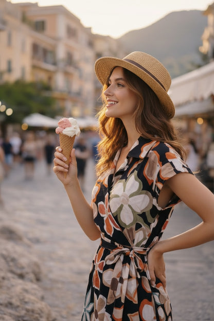 Rochie Tip Wrap cu Imprimeu Floral și Iz Mediteranean - Neagră