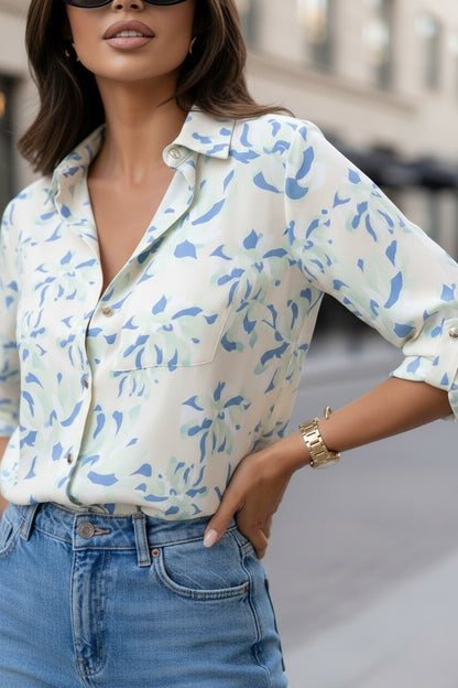 Cămașă Elegantă cu Imprimeu Floral -  Mentă & Bej Vanilla
