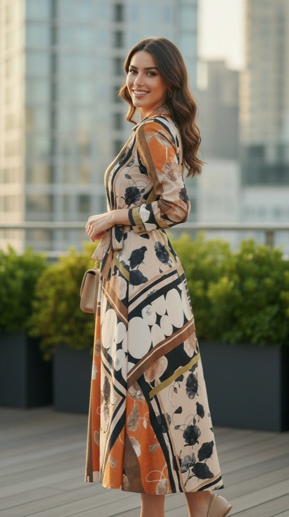 Rochie Maxi Petrecută cu Imprimeu Floral și Geometric - Neagră