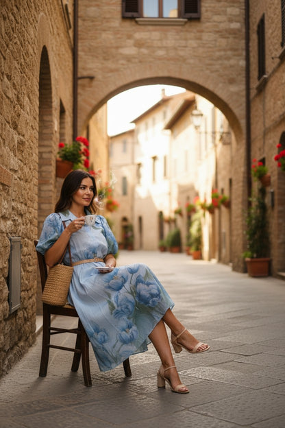 Rochie Midi cu Măneci Bufante și Imprimeu Floral - Babyblue