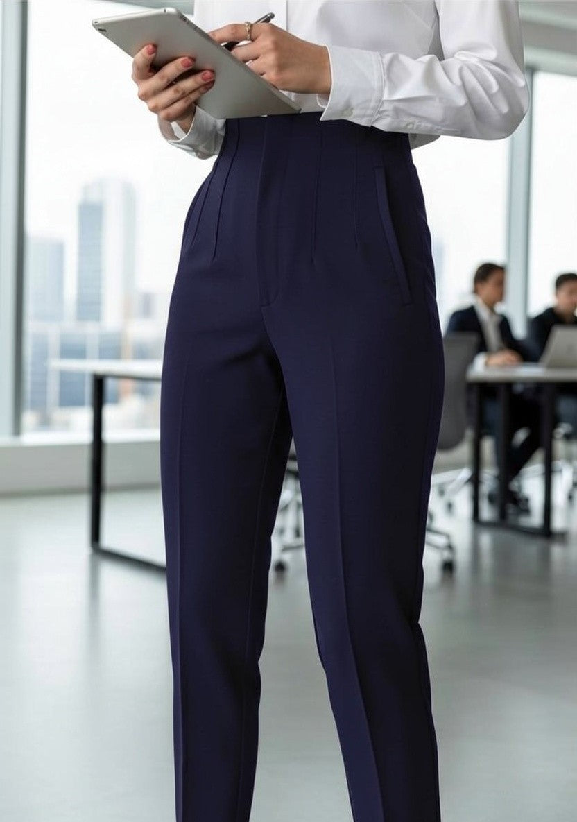 Pantaloni office de damă cu talie înaltă, bleumarin – vedere din față, cu o tabletă