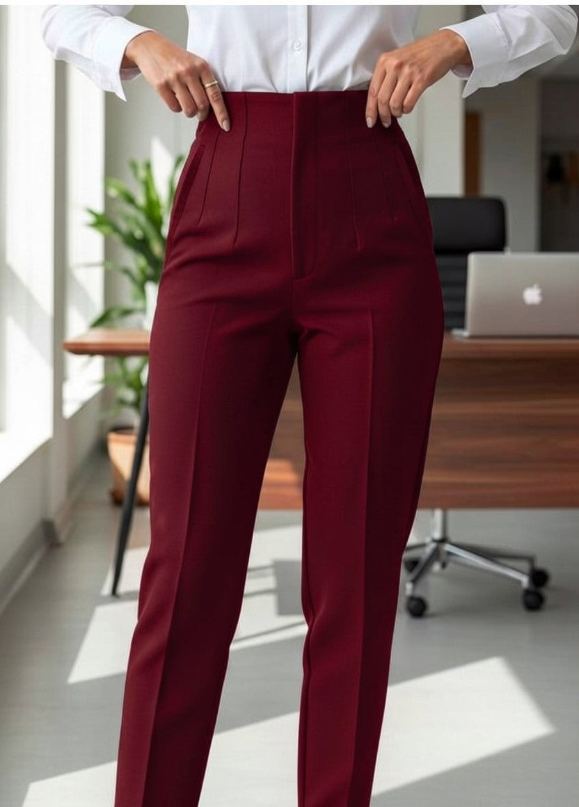 Pantaloni Office cu Talie Înaltă - Burgundy