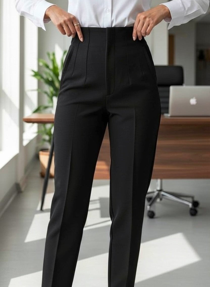 Pantaloni office de damă cu talie înaltă, negri – vedere din față, cu o tabletă