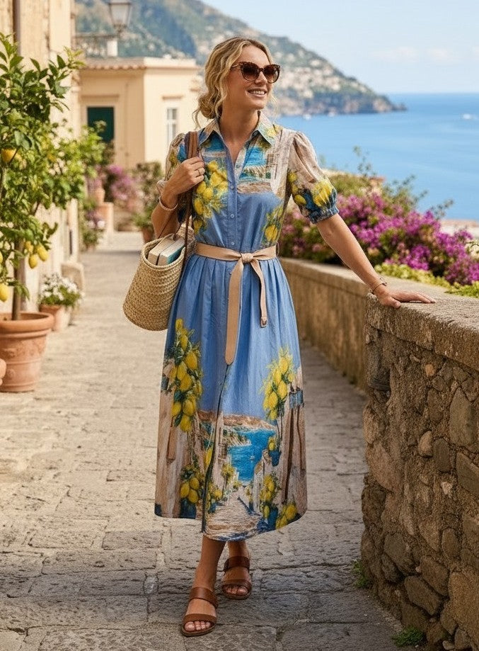 Rochie Midi cu Imprimeu Mediteran & Lămăie
