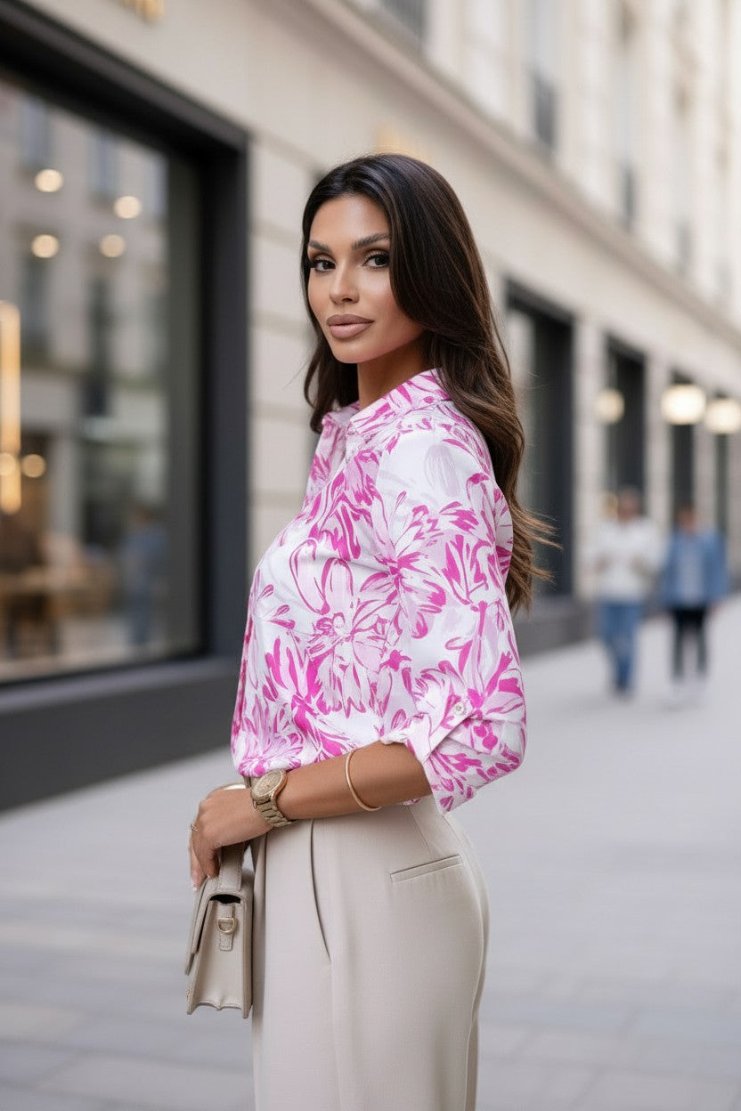 Cămașă Elegantă cu Imprimeu Floral -  Pink