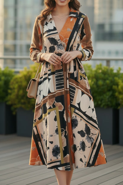Rochie Maxi Petrecută cu Imprimeu Floral și Geometric - Neagră