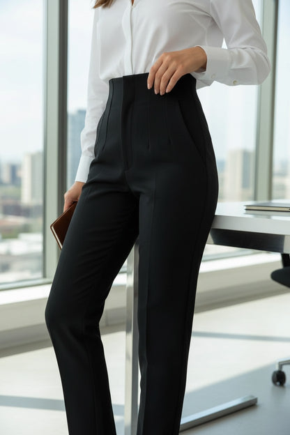 Pantaloni office de damă cu talie înaltă, negri – vedere din lateral