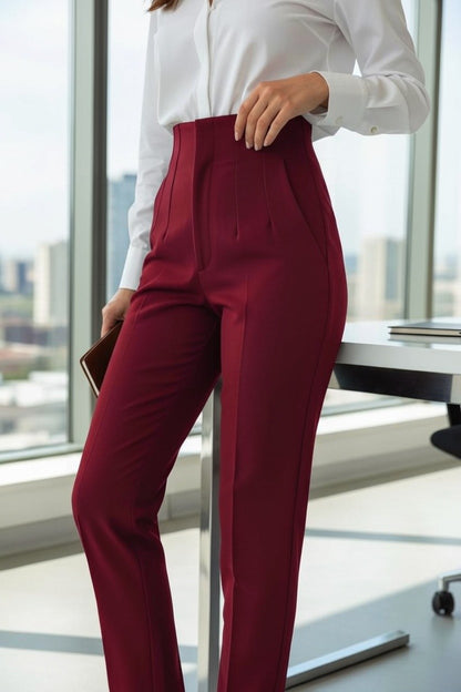 Pantaloni Office cu Talie Înaltă - Burgundy