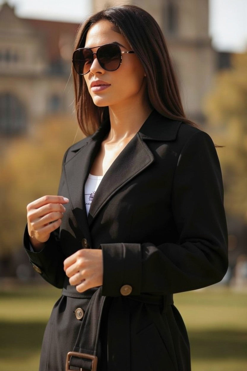 Trenci Elegant cu Cordon - Neagră
