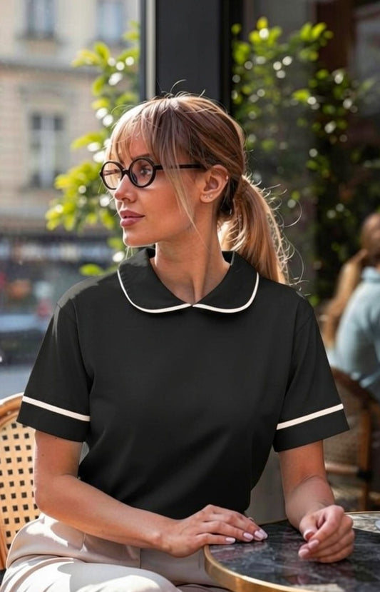 Bluză tip Tricou cu Guler  și Borduri Contrastante - Neagră