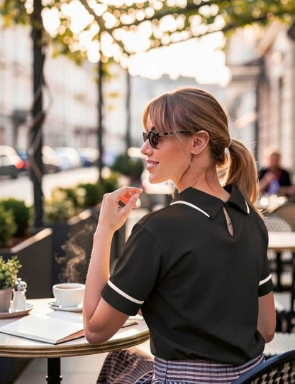 Bluză tip Tricou cu Guler  și Borduri Contrastante - Neagră