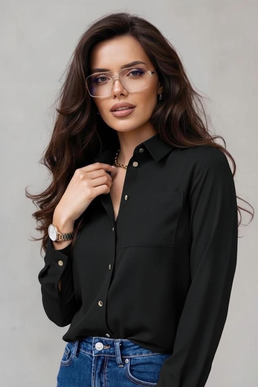 Cămașă elegantă de damă neagră – purtată – așezată