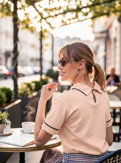 Bluză tip Tricou cu Guler  și Borduri Contrastante - Apricot&Pudră